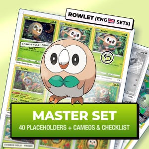 Rowlet Master Set Pärmsidor och checklista, alla 40 engelska kort + cameos, utskrivbara Pokémon-pärmplatshållare (digital nedladdning)