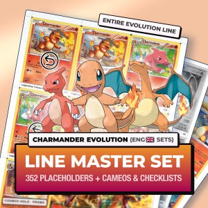 Charmander Charmeleon Charizard Evolutielijn Master Set Mappagina's & Checklist, 352 Engelstalige kaarten, Printbare Pokémon Mappagina's