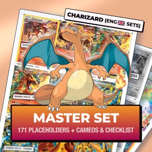 Pagina's en checklist voor de Charizard Master Set-map, alle 171 Engelse kaarten + cameo's, printbare placeholders voor je Pokémon-map (digitale download)