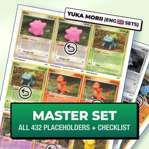 Könnte beinhalten: Eine Sammlung von Sammelkarten mit Ditto in verschiedenen Formen, darunter als rosa Klecks, Bisasam und Glumanda. Die Karten sind in einem Raster angeordnet mit den Texten YUKA MORII (ENG SETS) und MASTER SET ALL 432 PLACEHOLDERS + CHECKLIST.