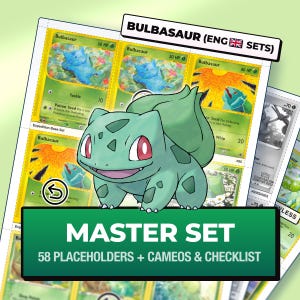 Może przedstawiać: Kolekcja kart kolekcjonerskich Bulbasaur na arkuszu z centralną ilustracją zielonego stworzenia. Tekst brzmi BULBASAUR (ENG SETS) oraz MASTER SET 58 PLACEHOLDERS + CAMEOS & CHECKLIST. Karty zawierają różne zielone wzory i grafiki.