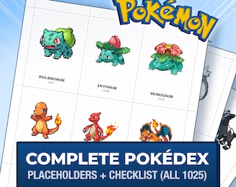 Pokémon Retro Pixel Platzhalterkarten, vollständiger Nationaler Pokédex 1-1025 + Checkliste, druckbare Ordnereinlagen (Digitaler Download)