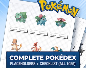 Pokémon-Platzhalterkarten, vollständiger Nationaler Pokédex 1-1025 + Checkliste, druckbare Einlagen für Sammelkartenspiele (Digitaler Download)