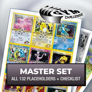 May include: A collection of Gym Challenge Pokemon trading cards featuring Koga's Ditto, Lt. Surge's Pikachu, Misty's Golduck, Misty's Gyarados, Rocket's Mewtwo, and Rocket's Zapdos. The sheet includes a Master Set label with 132 placeholders and a checklist.