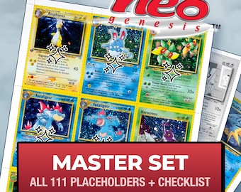 Pokémon Neo Genesis Master Set Platzhalterkarten, alle 111 Kartenfächer + Checkliste, druckbare Einlagen für Ordner (Digitaler Download)
