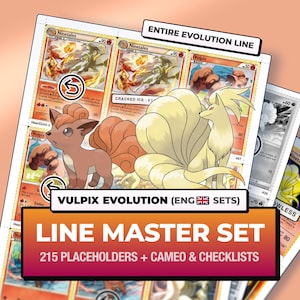 Può includere: Una collezione di carte collezionabili con Vulpix e Ninetales, etichettata come un set master completo della linea evolutiva. Il display include 215 segnaposti, cameo e liste di controllo, con il testo VULPIX EVOLUTION (ENG SETS) LINE MASTER SET.