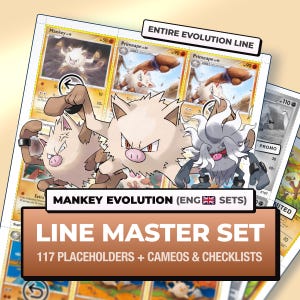 May include: A collection of trading cards featuring the Mankey evolution line, including Mankey, Primeape, and Annihilape. The display includes text labels reading ENTIRE EVOLUTION LINE, MANKEY EVOLUTION (ENG SETS), and LINE MASTER SET 117 PLACEHOLDERS + CAMEOS & CHECKLISTS.