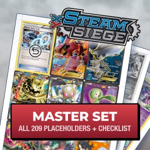 Może przedstawiać: Kolekcja kart kolekcjonerskich Steam Siege przedstawiająca Steelix Spirit Link, Magearna EX i Gardevoir EX. Wyświetlacz zawiera czerwony baner z tekstem MASTER SET ALL 209 PLACEHOLDERS + CHECKLIST, prezentujący różne kolorowe ilustracje postaci.