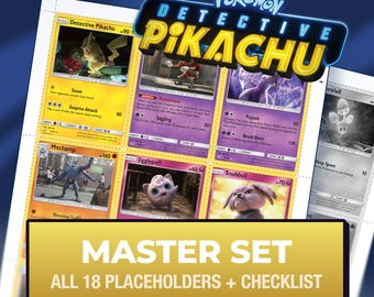 Pokémon Meisterdetektiv Pikachu Master Set Platzhalterkarten, alle 18 Kartenfächer + Checkliste, druckbare Einlagen für Ordner (Digitaler Download)