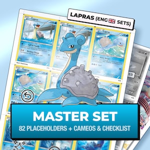 May include: A collection of Lapras trading cards displayed on a grid sheet. The image features a central illustration of the blue Lapras character, with text reading LAPRAS (ENG SETS) and MASTER SET 82 PLACEHOLDERS + CAMEOS & CHECKLIST.