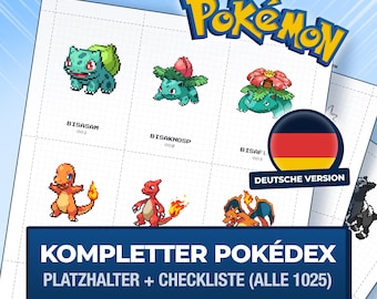 Pokémon Pixel Platzhalter Karten Deutsche Namen, Nationaler Pokédex 1-1025 + Checkliste / Retro Pixel Pokemon Platzhalterkarten (Digital)