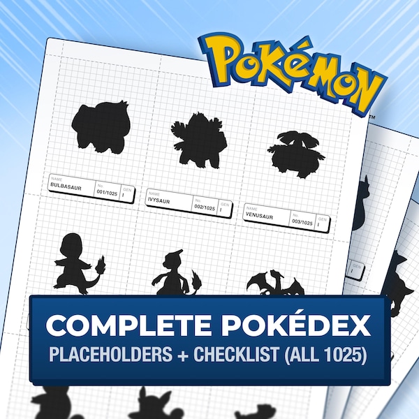 Pokédex Cards 1-1025 Printable Placeholders + Checklist, Silhouette Style, Complete Pokémon Pokédex Binder Pages (Digital Download)