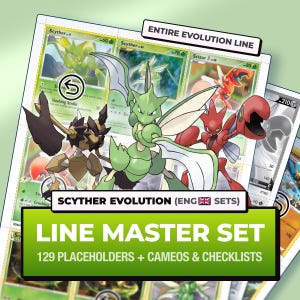 Könnte beinhalten: Eine Sammlung von Sammelkarten mit der Scyther-Entwicklungslinie, einschließlich Scyther und Scizor. Die Anzeige enthält den Text ENTIRE EVOLUTION LINE, SCYTHER EVOLUTION (ENG SETS) und LINE MASTER SET 129 PLACEHOLDERS + CAMEOS & CHECKLISTS.