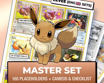 Páginas y lista de verificación del set maestro de Eevee, las 165 cartas en inglés + cameos, marcadores de posición imprimibles para el álbum de Pokémon (descarga digital)