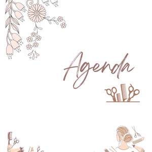 May include: A floral design with the word "Agenda" in brown script. Below the word are illustrations of hairdressing tools, including scissors, combs, and a hairdryer. The bottom of the image features a variety of hairdressing tools, including scissors, combs, hairspray, and a hairdryer.