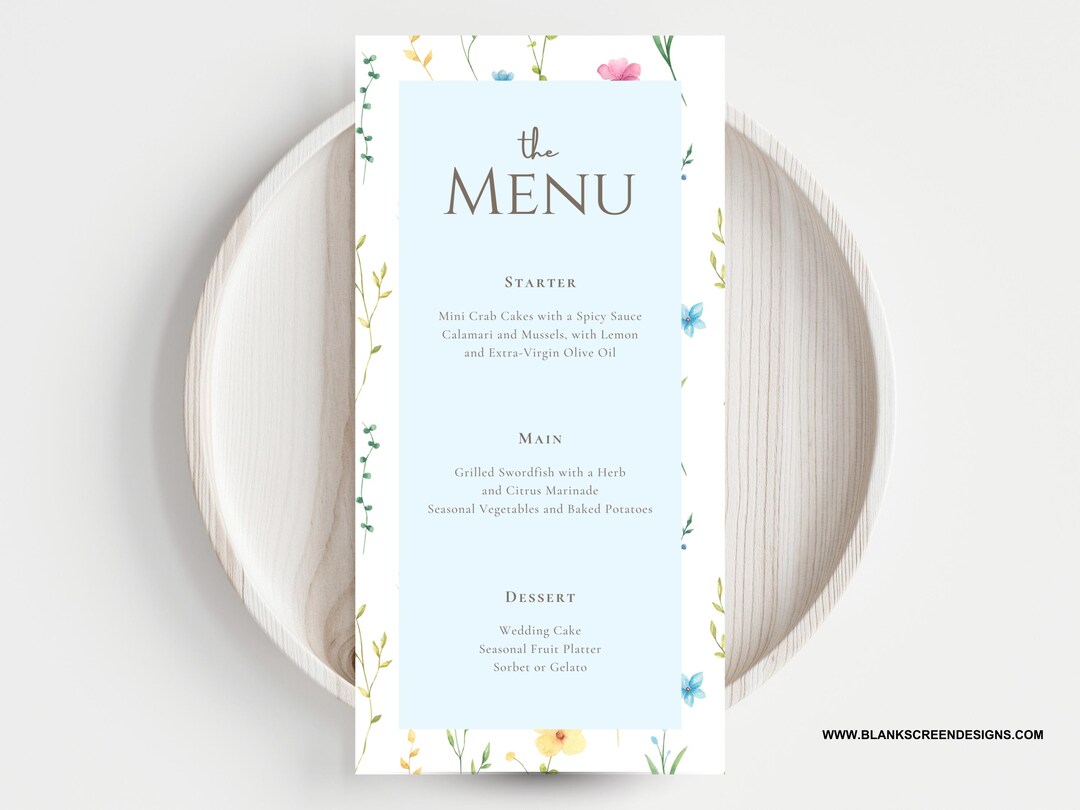 Spring Summer Floral, Flower Dinner Food Menu | Blue, White, Pastel ...