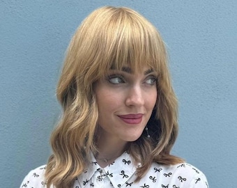 Handmade Blonde Wavy Human Hair Wig with Bangs