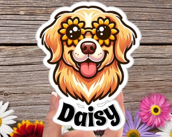Personalisierter Golden Retriever Name für Wasserflasche, Golden Retriever Sonnenblume Aufkleber für Laptop, Golden Retriever Mutter Geschenk für Hundemutter
