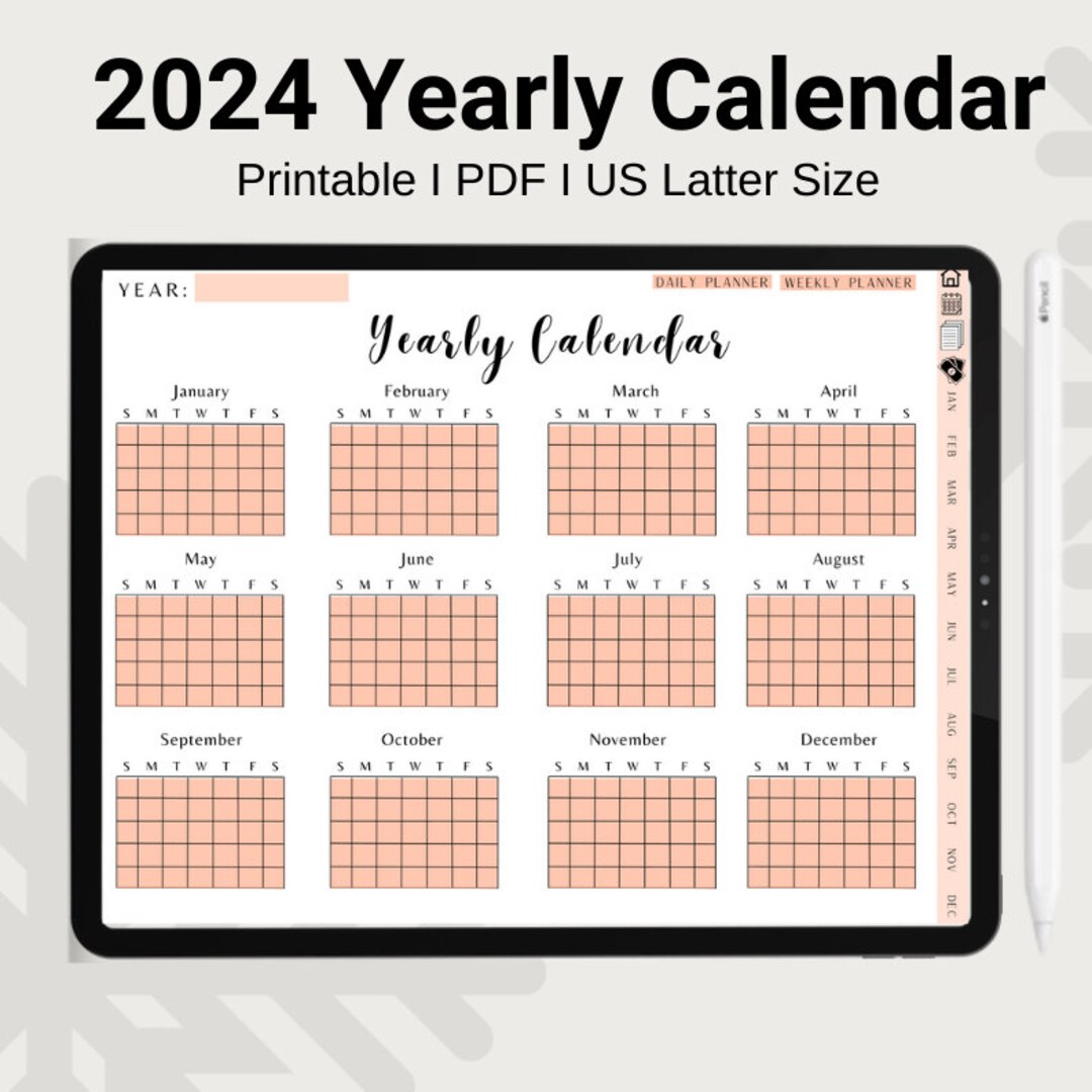 2024 Yearly Calendar Landscape, Printable Calendar Template,year at A