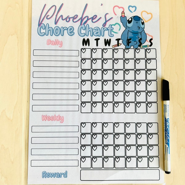 Kids chore chart, personalised chore chart, stitch, stitch chore chart, chore chart for kids, dry wipe chore chart