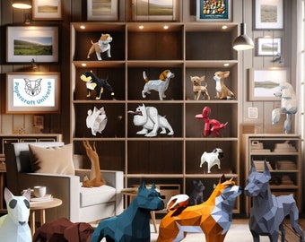 Find 17 papercraft dogs: 3D origami templates y guides, low poly, great for sculptures/trophies. Download on Etsy!