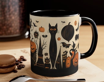 Halloween mug, Pumpkin coffee cup, Witchy brew, Black cat design, Fall decor, October gift, Cute cat mug, Spooky brew, Autumn home decor