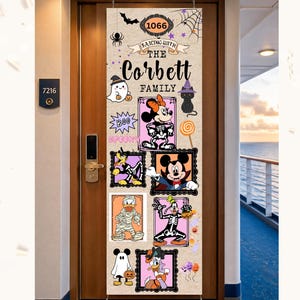 May include: A vertical beige door banner featuring Halloween-themed Disney characters in costumes, including skeletons, mummies, and ghosts. The text reads 1066, SAILING WITH THE CORBETT FAMILY, BOO, and SPOOKY, with spiderwebs and bats.