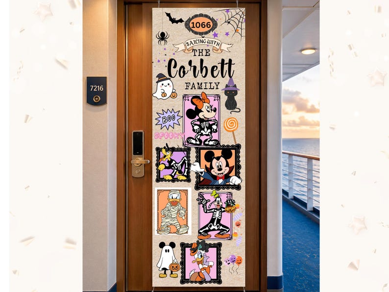 May include: A vertical beige door banner featuring Halloween-themed Disney characters in costumes, including skeletons, mummies, and ghosts. The text reads 1066, SAILING WITH THE CORBETT FAMILY, BOO, and SPOOKY, with spiderwebs and bats.
