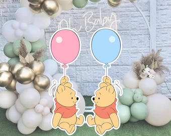 Wycięty balon z Kubusiem Puchatkiem: pastelowa dekoracja na baby shower (do pobrania w wersji cyfrowej)