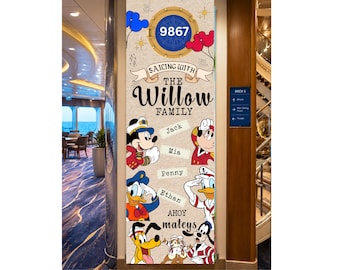 May include: A vertical rectangular door banner featuring a beige background with a blue porthole graphic displaying the number 9867. The text reads Sailing with the Willow Family and Ahoy mateys, accompanied by illustrations of cartoon characters.