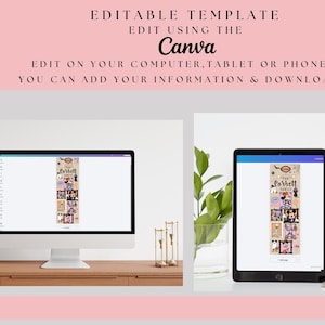 May include: An editable digital template displayed on a computer monitor and a tablet screen. The design features a vertical collage of Halloween-themed cartoon characters and the text The Corbett Family. The top text reads EDITABLE TEMPLATE.
