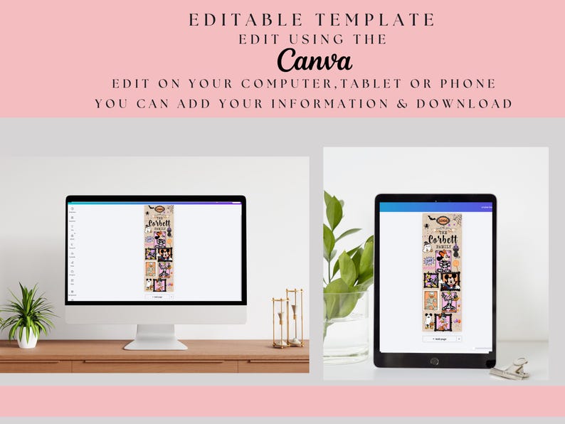 May include: An editable digital template displayed on a computer monitor and a tablet screen. The design features a vertical collage of Halloween-themed cartoon characters and the text The Corbett Family. The top text reads EDITABLE TEMPLATE.