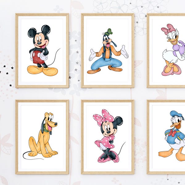 May include: Six framed watercolor prints featuring beloved Disney characters: Mickey Mouse, Goofy, Daisy Duck, Pluto, Minnie Mouse, and Donald Duck. Each character is depicted in their classic attire, set against a white background.