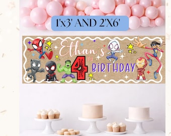 May include: A rectangular birthday banner with a tan background featuring cartoon superhero characters, including Spider-Man, Hulk, and Iron Man. The text reads Ethan's 4th BIRTHDAY. The banner is available in 1'x3' and 2'x6' sizes as indicated.