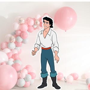 May include: A cartoon illustration of a prince from a Disney movie. He is wearing a white shirt, a red belt, blue pants, and brown boots. He is standing in front of a pink and gray balloon arch.