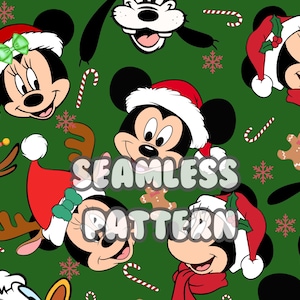 May include: A seamless pattern featuring various Disney characters in festive attire. Mickey Mouse, Minnie Mouse, and Pluto are wearing Santa hats and scarves, while a reindeer is adorned with a green and red hat. The background is a green color with snowflakes and candy canes.