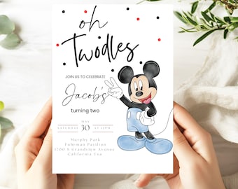 ブルーのミッキーマウス2歳の誕生日招待状：Oh Twodlesパーティー（Canvaテンプレート、デジタルダウンロード）