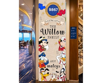 May include: A vertical rectangular door magnet featuring a beige background with a blue porthole graphic displaying the number 9867. It includes the text Sailing with The Willow Family and Ahoy mateys, alongside illustrations of cartoon characters.