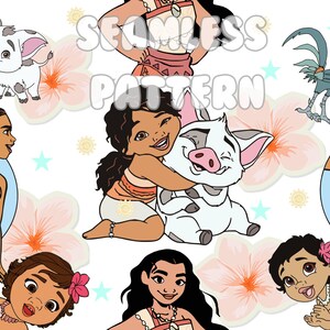 Op de afbeelding: Een naadloos patroon met cartoonfiguren uit de Disney-film Moana. Het patroon bevat Moana, Maui, Pua het varken, Hei Hei de haan en een bloemenontwerp. De kleuren in het patroon zijn roze, blauw, geel, bruin en wit.