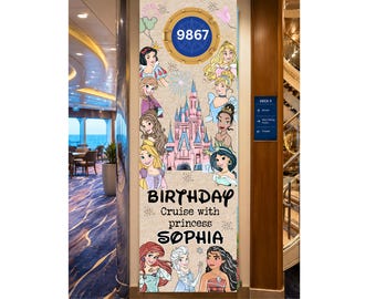 Bewerkbare banner verjaardag cruisedeur | Sprookjesdecor prinsessenkasteel (canvasjabloon)