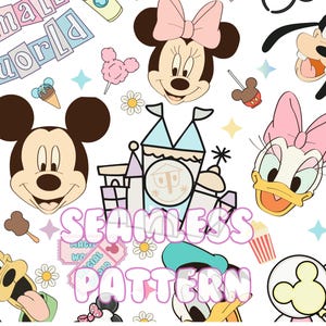 Könnte beinhalten: Ein farbenfrohes nahtloses Muster mit Mickey Mouse, Minnie Mouse, Donald Duck, Goofy und anderen Disney-Charakteren. Das Muster enthält Bilder einer Burg, einer Kamera, Popcorn und anderer Disney-bezogener Elemente. Der Text "Seamless Pattern" ist in rosa Buchstaben geschrieben.