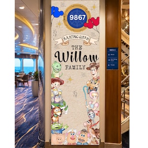 May include: A vertical rectangular door banner featuring a beige background with a blue porthole graphic at the top displaying the number 9867. The text reads Sailing with the Willow Family, surrounded by various cartoon character illustrations.
