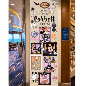 Puede incluir: Un estandarte de puerta alto y rectangular con fondo beige e ilustraciones de personajes de Disney con temática de Halloween. El texto dice 1066, SAILING WITH THE CORBETT FAMILY, BOO y SPOOKY. Los personajes incluyen a Mickey, Minnie, Donald, Daisy, Goofy y Pluto.