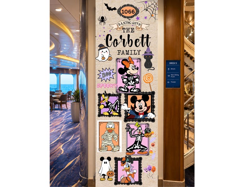 May include: A tall, rectangular door banner featuring a beige background with Halloween-themed Disney character illustrations. Text reads 1066, SAILING WITH THE CORBETT FAMILY, BOO, and SPOOKY. Characters include Mickey, Minnie, Donald, Daisy, Goofy, and Pluto in costumes.