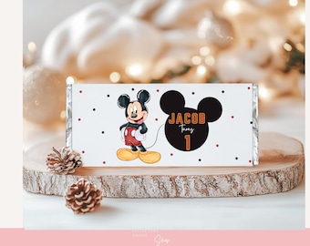 Envoltorio de chocolate para el primer cumpleaños de Mickey Mouse / Recuerdo de fiesta, decoración