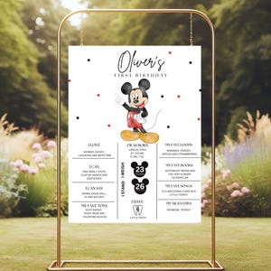 Könnte beinhalten: Personalisiertes Schild zum ersten Geburtstag mit Micky Maus. Das Schild enthält den Namen "Oliver's" und Details wie "Ich wurde geboren" und "Ich wiege". Das Design enthält rote und schwarze Punkte und einen goldenen Rahmen.