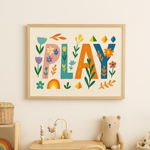 Arte de pared para sala de juegos / Impresión de JUEGOS para habitación infantil / Decoración infantil luminosa / Descarga digital / Letras de flores / Póster infantil moderno