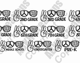 May include: Peace sign sunglasses with the word "OUT" and different grade levels written below. The grades include Pre-K, Kindergarten, 1st, 2nd, 3rd, 4th, 5th, 6th, 7th, 8th, and Middle School.