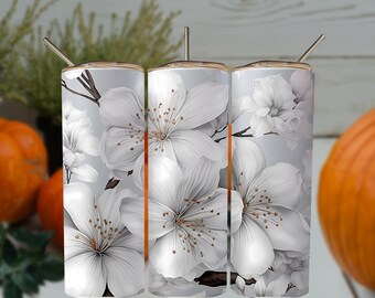 Flores en blanco y negro Diseño de sublimación de vaso flaco de 20 oz, descarga digital instantánea PNG, envoltura de vaso recto