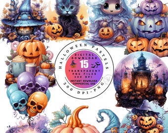 Halloween Pastel Clipart PNG Set, 15 Halloween clipart, commercial use clip art, watercolor design, PNG pastel